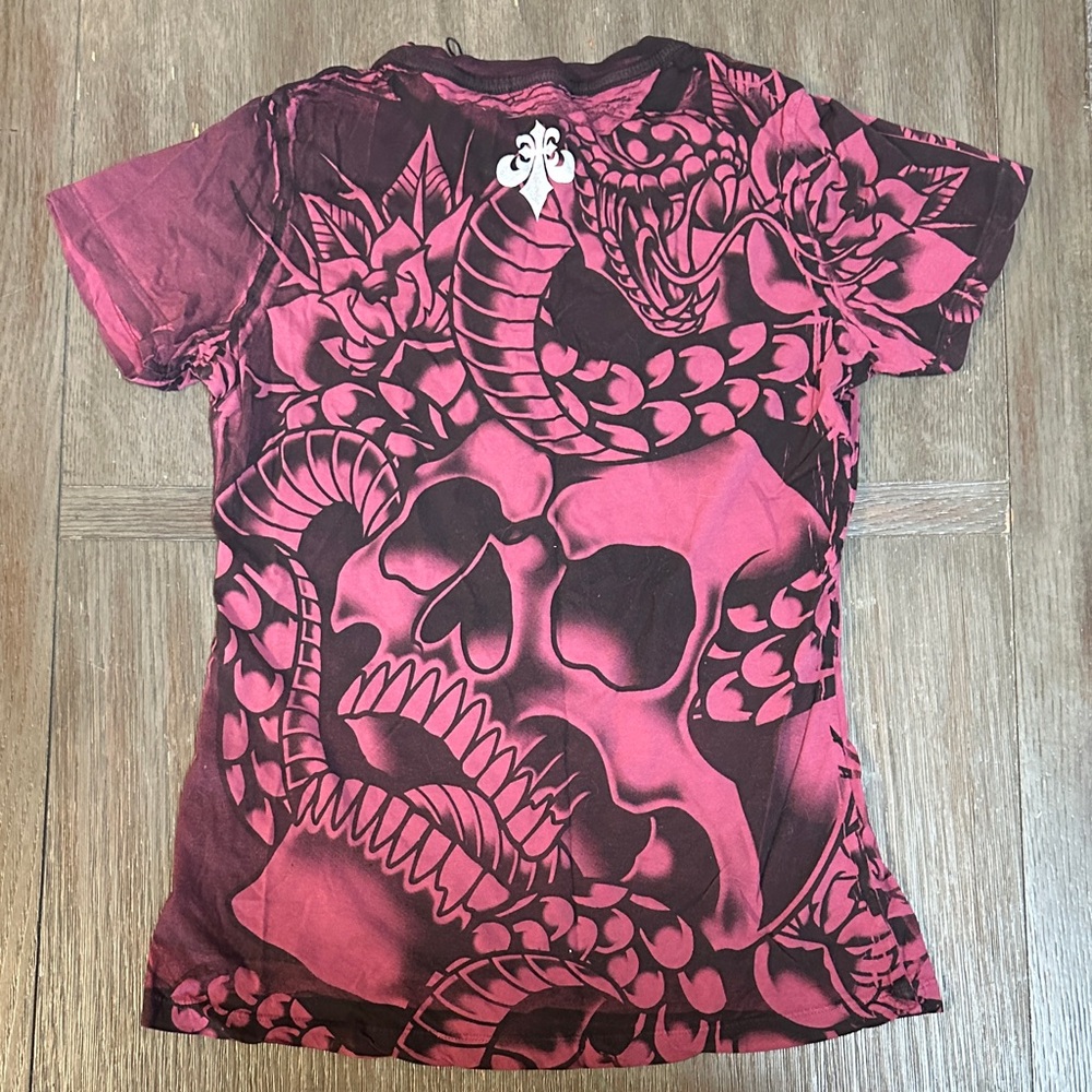 Affliction Maroon and Blue Skull Tee - Picture 2 of 2